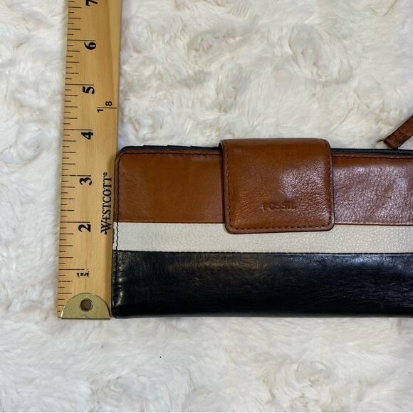 Fossil Leather Wallet Brown Cream Black Colorblock Striped Card Holder Zip - Picture 9 of 10
